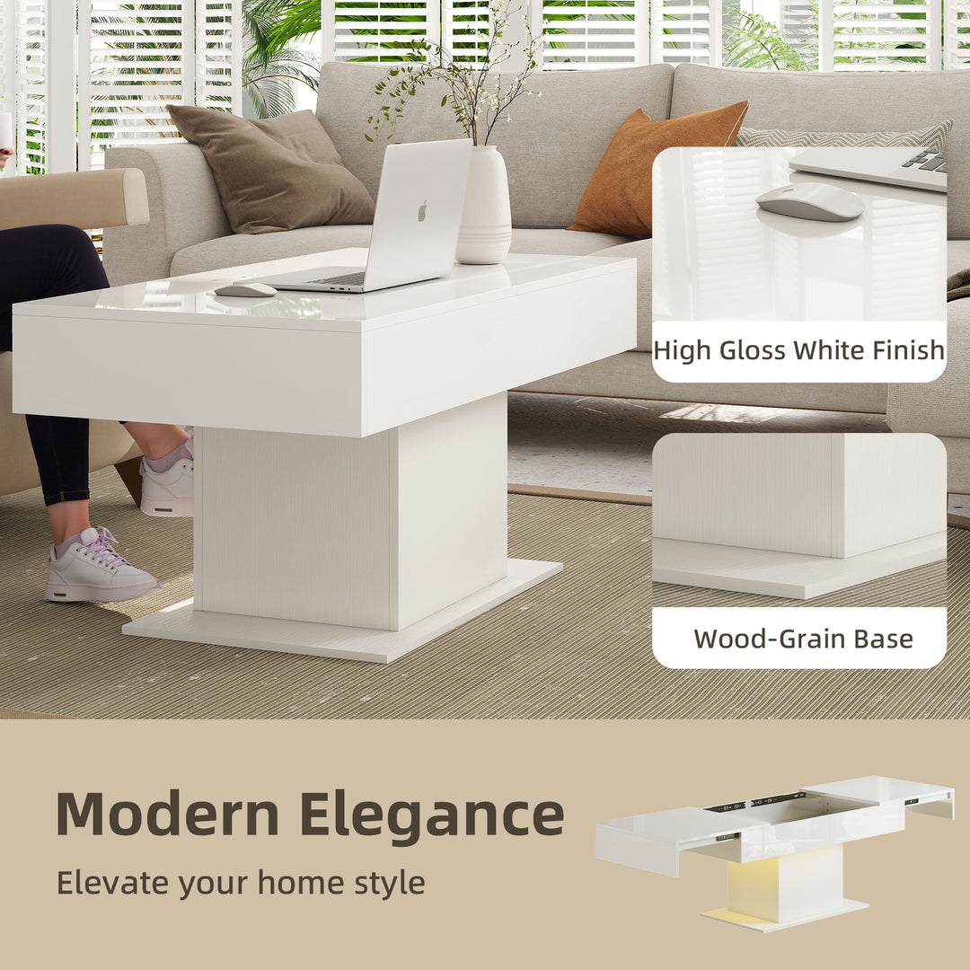 Extendable Coffee Table with LED Lights and Storage - High Gloss