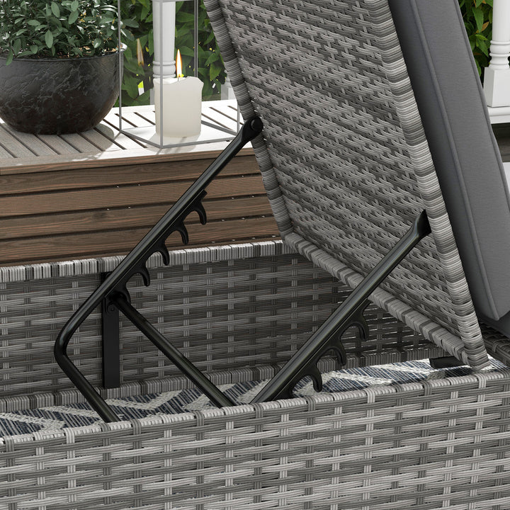 Outdoor Patio PE Rattan Lounger with Cushion, 5-Level Reclining Wicker Rattan Sun Lounger with Tea Tray, for Poolside, Patio, Deck, 120kg Weight Capacity, Grey