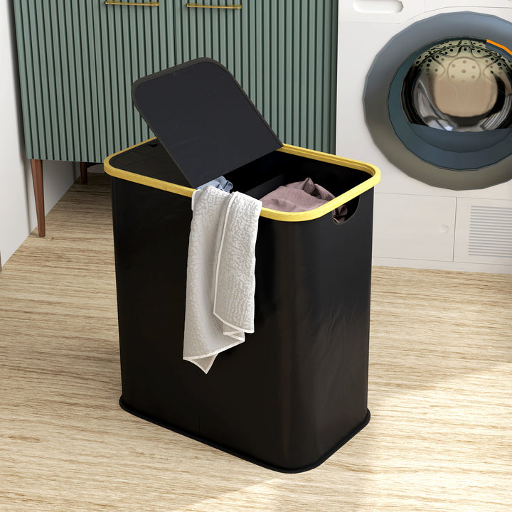 Double Laundry Basket With Lid, 80L Collapsible Laundry Hamper with Groove Handles, Washing Basket for Bathroom, Bedroom, Laundry Room, Black