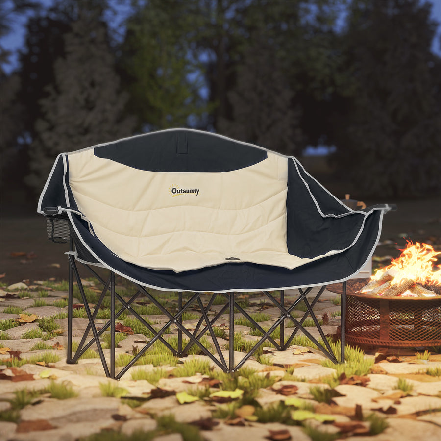 Double Camping Chair for Adults, Oversized Heavy Duty Padded Folding Chair with Armrests, Cup Holders and Carry Bag for Outdoor Camping Hiking Picnic Fishing, 250kg Capacity, Khaki