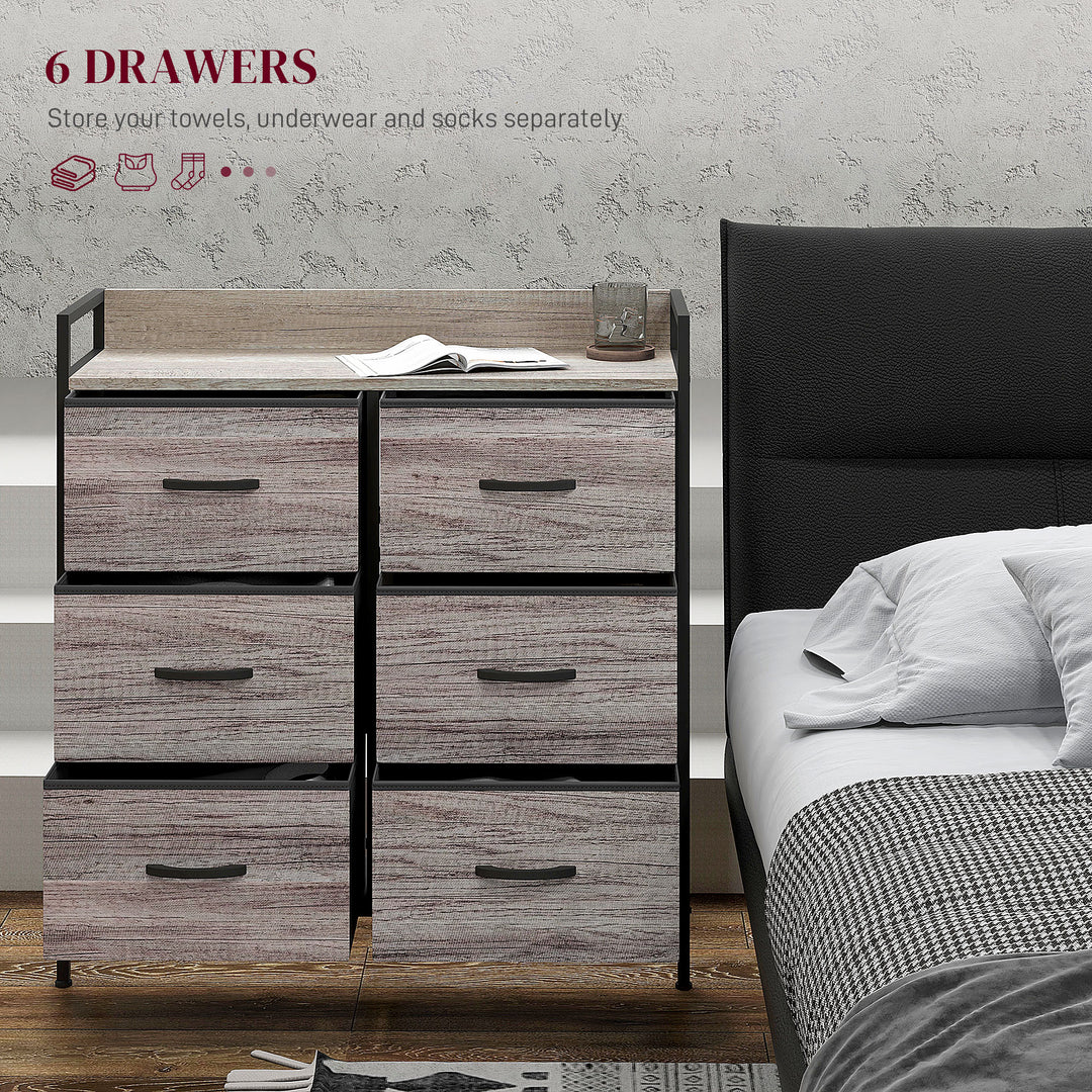 HOMCOM Rustic Chest of Six Fabric Drawers - Grey Wood Effect | Aosom UK