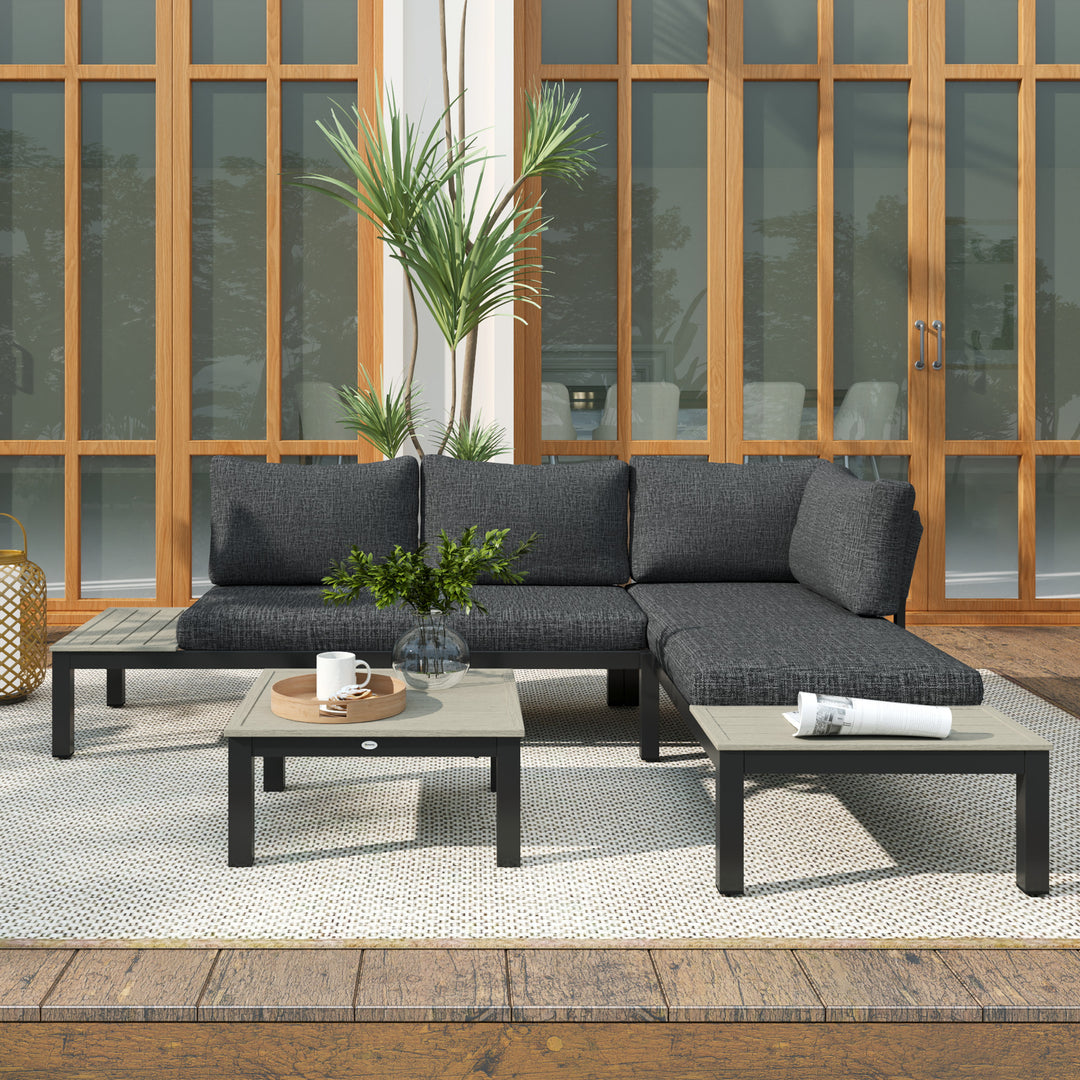 3 Pieces Garden Furniture Set, Aluminium 4 Seater Corner Sofa Set with 2 Loveseats, Coffee Table and Side Trays, Outdoor Conversation Furniture with Cushions for Garden, Dark Grey
