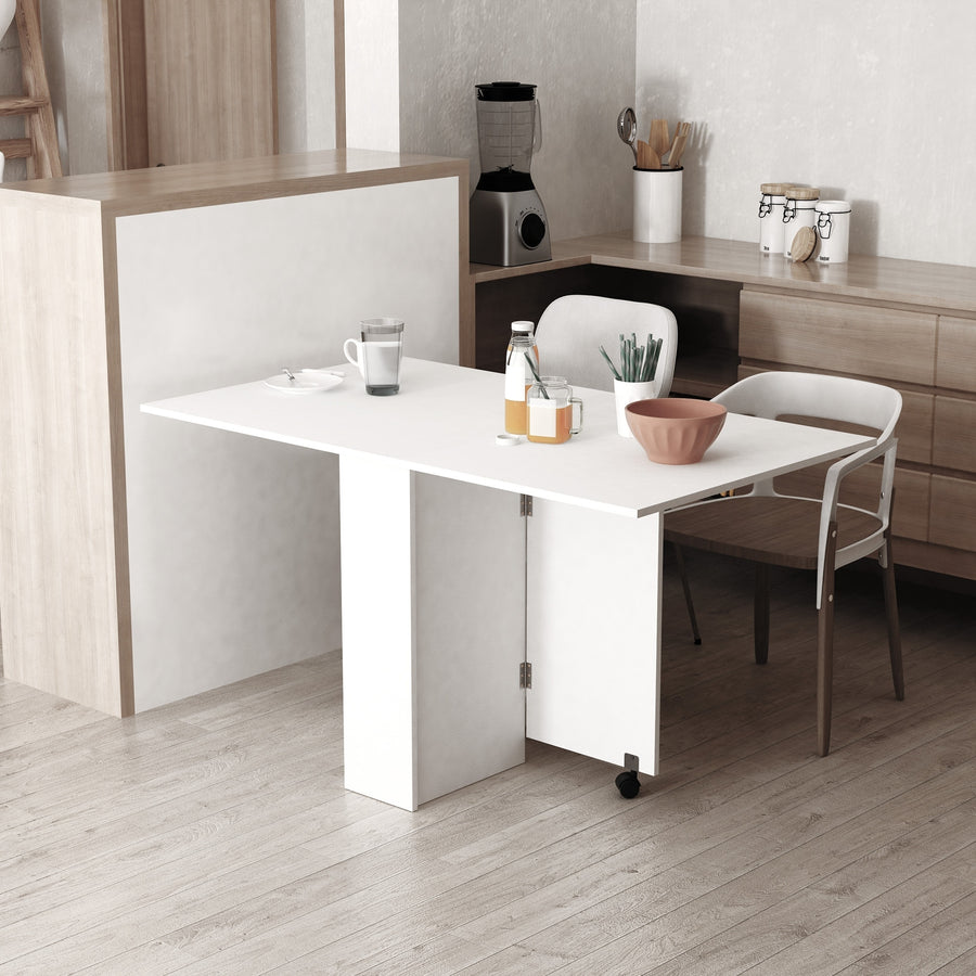 Folding Dining Table, Drop Leaf Table with 2-Tier Shelves, Rolling Casters, for Small Spaces, Kitchen, White