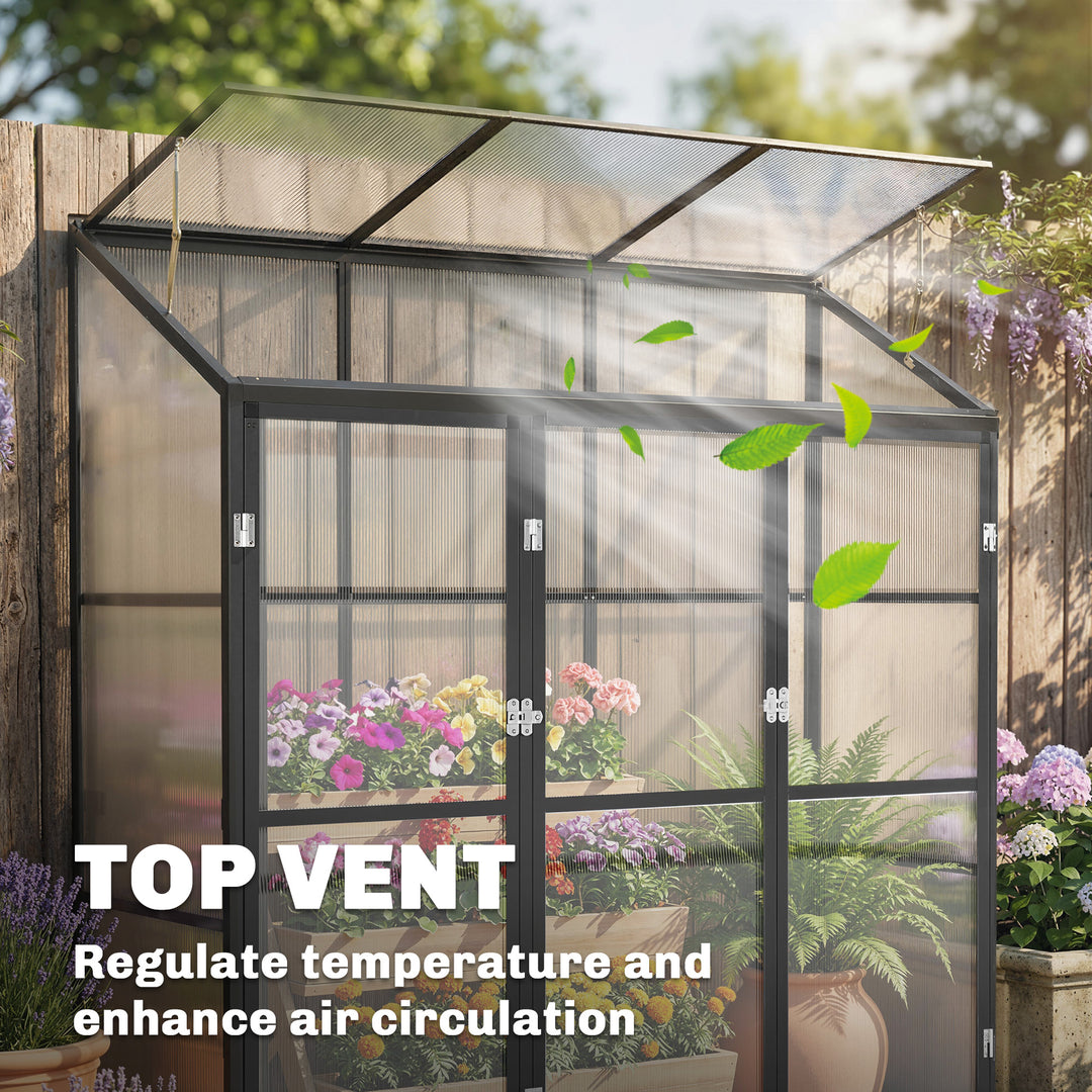 Polycarbonate Greenhouse with 3 Hinged Doors, Top Vent, Lean-to Green 