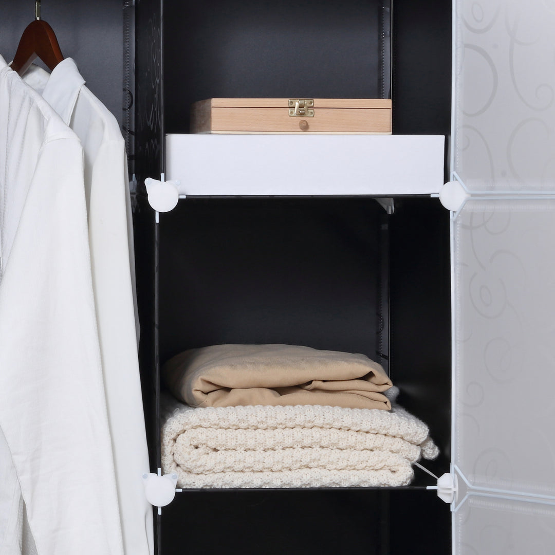 MCL Portable Wardrobe for Bedroom, 15 Cube Closet with Hanging Rail, Modular Storage Cabinet, Plastic Armoire for Space Saving, White and Black