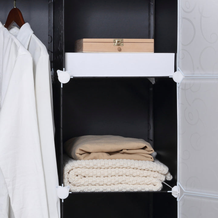 MCL Portable Wardrobe for Bedroom, 15 Cube Closet with Hanging Rail, Modular Storage Cabinet, Plastic Armoire for Space Saving, White and Black