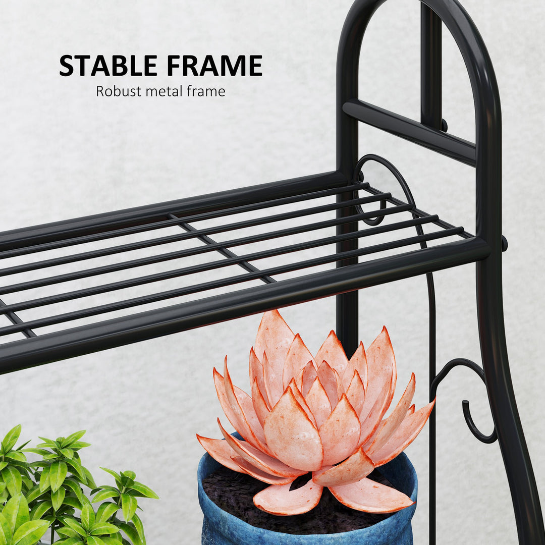 3 Tier Plant Stand with Hanging Rod and Hooks, Metal Plant Rack Shelf, Ladder Flower Pot for Indoor Outdoor Porch Balcony Living Room Bedroom, Black