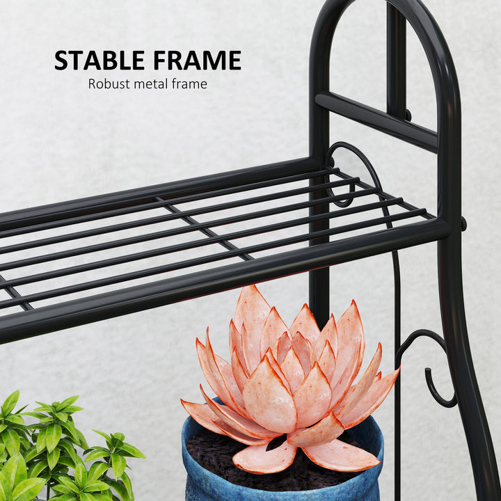 3 Tier Plant Stand with Hanging Rod and Hooks, Metal Plant Rack Shelf, Ladder Flower Pot for Indoor Outdoor Porch Balcony Living Room Bedroom, Black