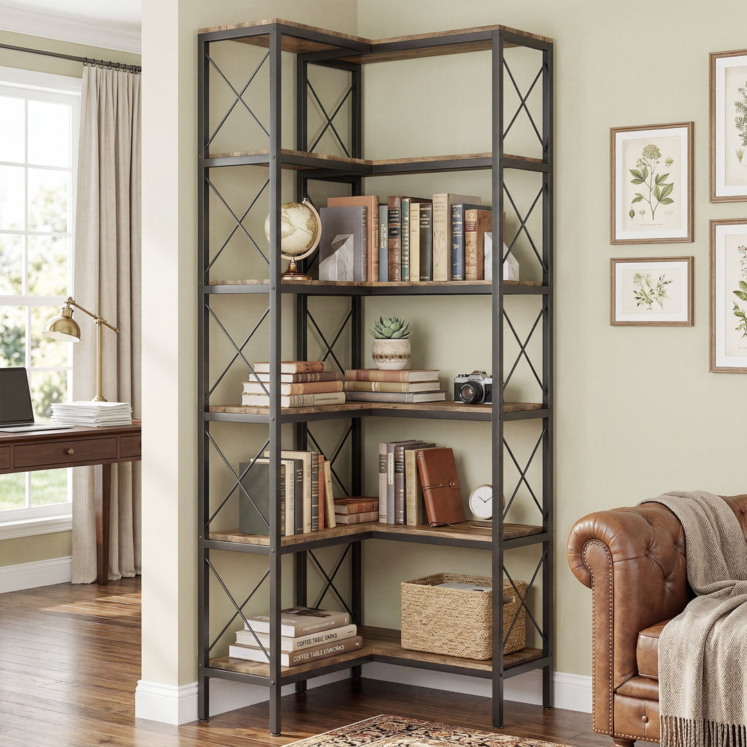 5-Tier L-Shaped Bookshelf, Freestanding Corner Bookcase with Metal Fra