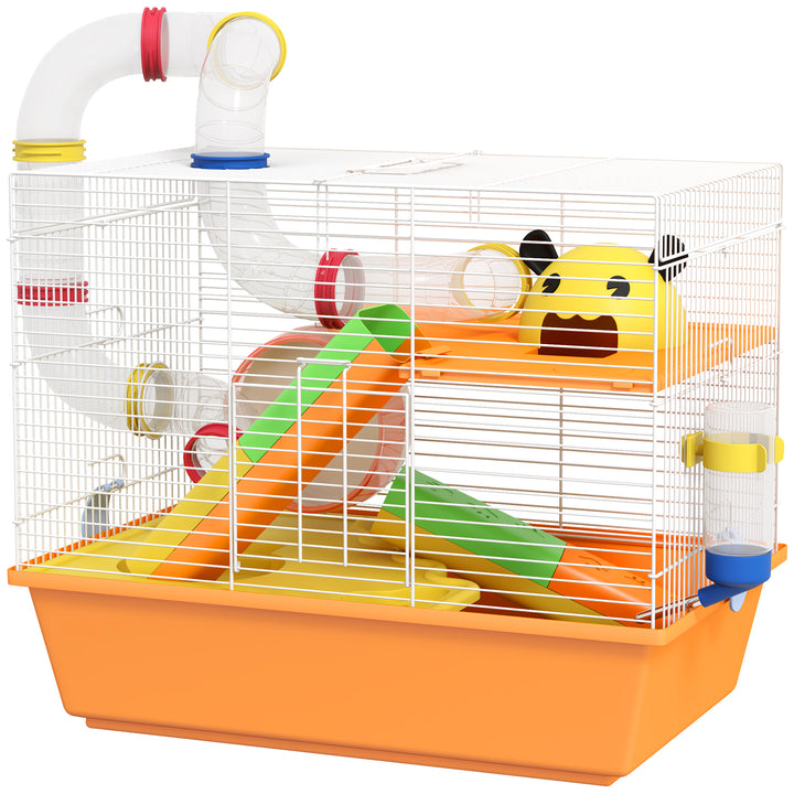 PawHut 3 Tiers Gerbil Cage, Hamster Cage with Tubes, Exercise Wheel, Ladder, Top Handle, 45 x 28 x 37cm - Orange | Aosom UK