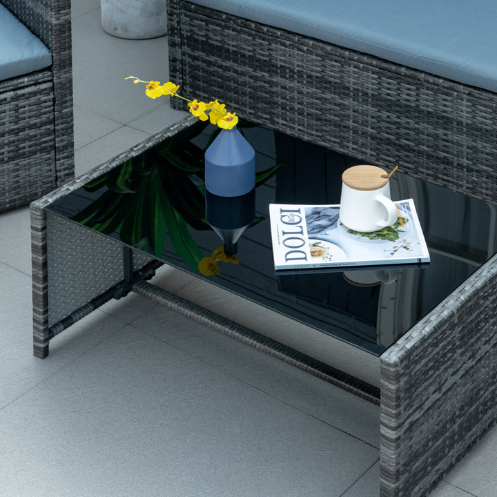 4 Pieces PE Rattan Garden Sofa Set with Cushions, Outdoor Patio Wicker Weave Conservatory Furniture Set with a Loveseat, 2 Armchairs and a Glass Top Coffee Table, Grey