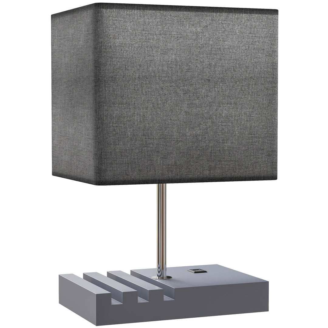 Bedside Lamp with USB A+C Charging Ports and 3 Phone Stands, Modern Table Lamp with Solid Wood Base and Fabric Shade for Bedroom Living Room Office, E27 Socket, Bulb Not Included