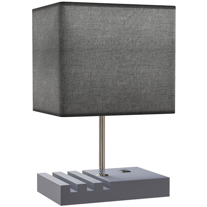 Bedside Lamp with USB A+C Charging Ports and 3 Phone Stands, Modern Table Lamp with Solid Wood Base and Fabric Shade for Bedroom Living Room Office, E27 Socket, Bulb Not Included