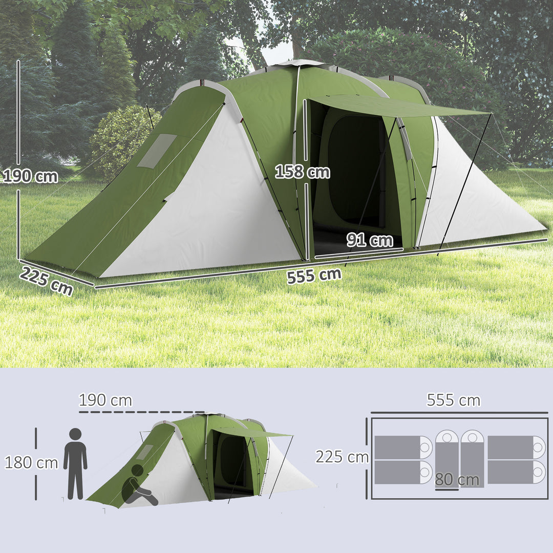 Large Camping Tent Tunnel Tent with 2 Bedroom and Living Area, 2000mm Waterproof, Portable with Bag for 4-6 Man, Green