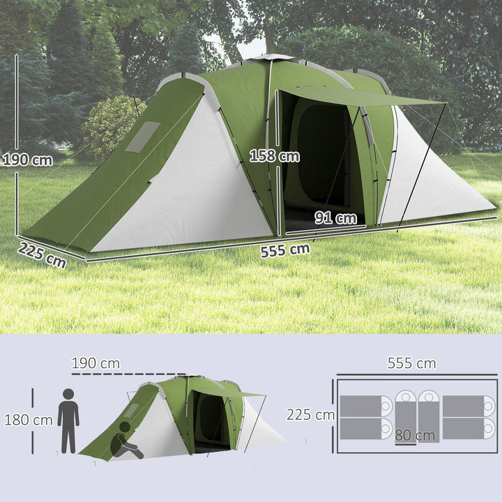Large Camping Tent Tunnel Tent with 2 Bedroom and Living Area, 2000mm Waterproof, Portable with Bag for 4-6 Man, Green