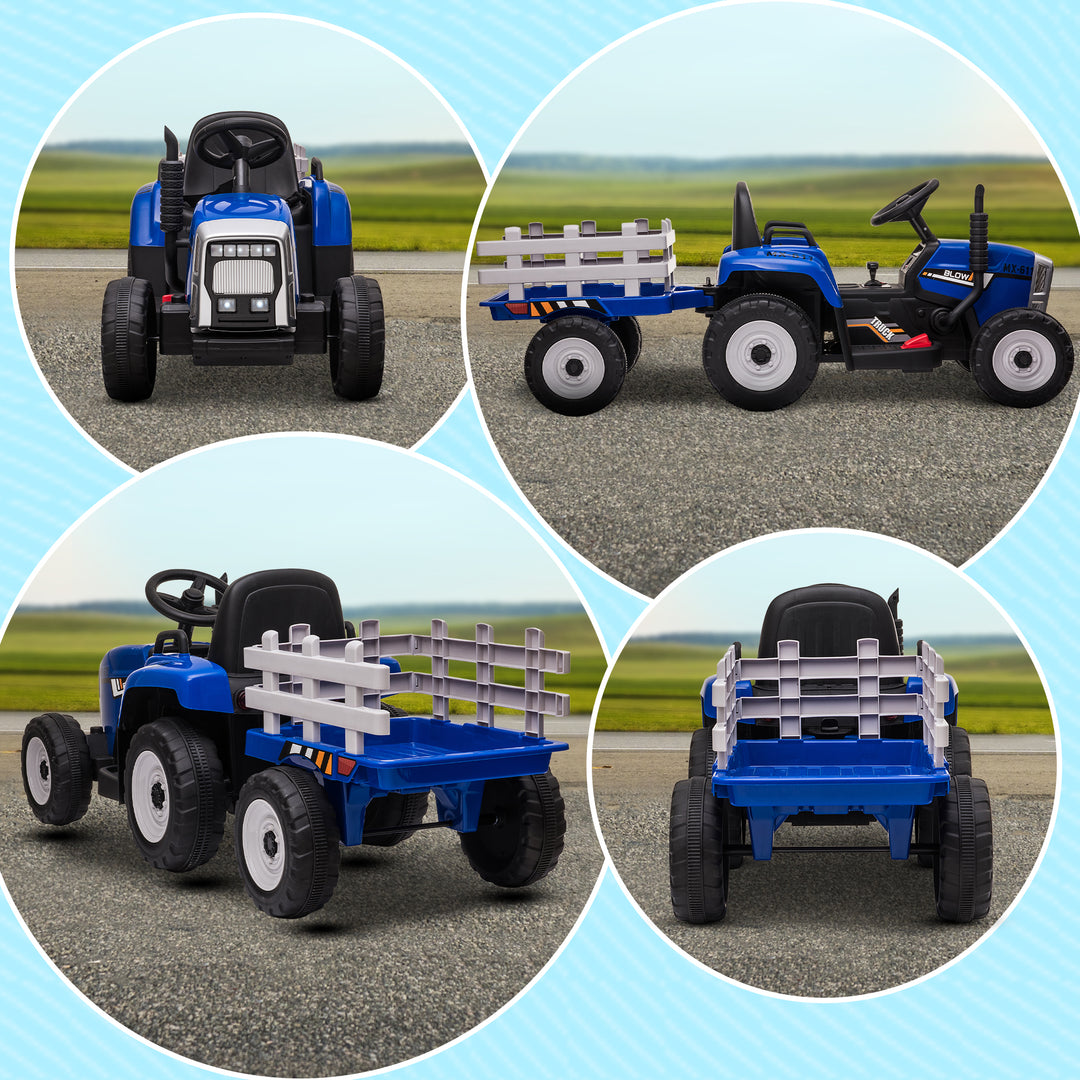 HOMCOM Electric Ride on Tractor w/ Detachable Trailer, 12V Kids Battery Powered Electric Car w/ Remote Control, Music Start up Sound, Blue