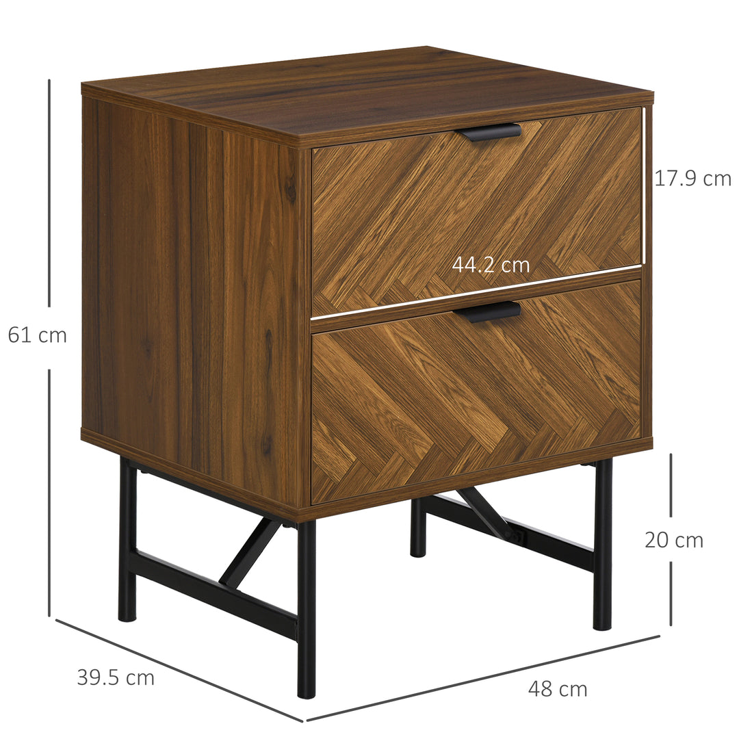 Bedside Table with Two Drawers, Side Cabinet Storage Unit with Metal Handles, Organisation Furniture for Living Room, Bedroom, Walnut Brown