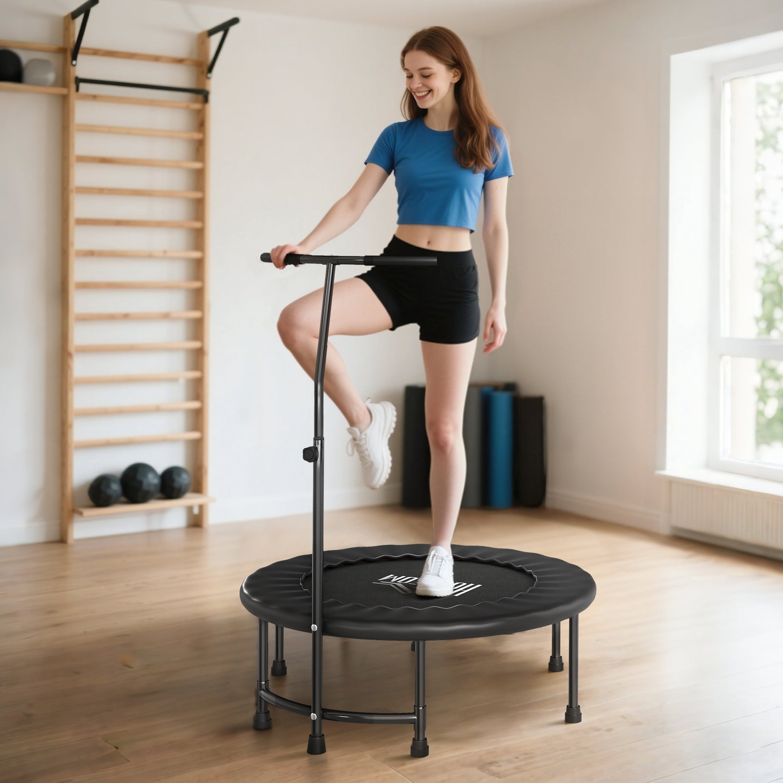 40" Fitness Trampoline with Adjustable Handle, Rebounder Trampoline, Mini Jumper for Indoor Exercise Workout, Black
