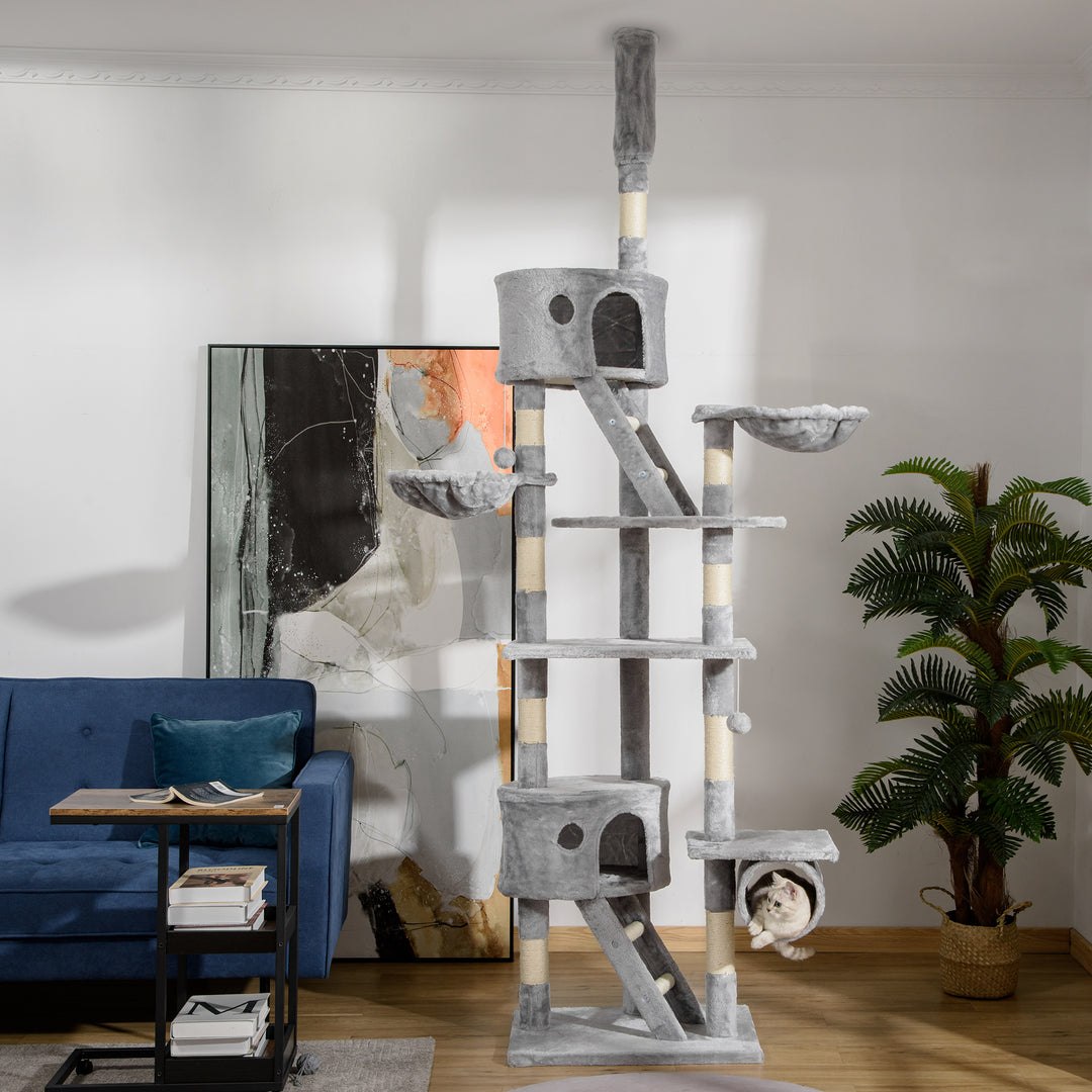 PawHut Floor to Ceiling Cat Tree for Indoor Cats 240-260cm Adjustable Height Light Grey | Aosom UK