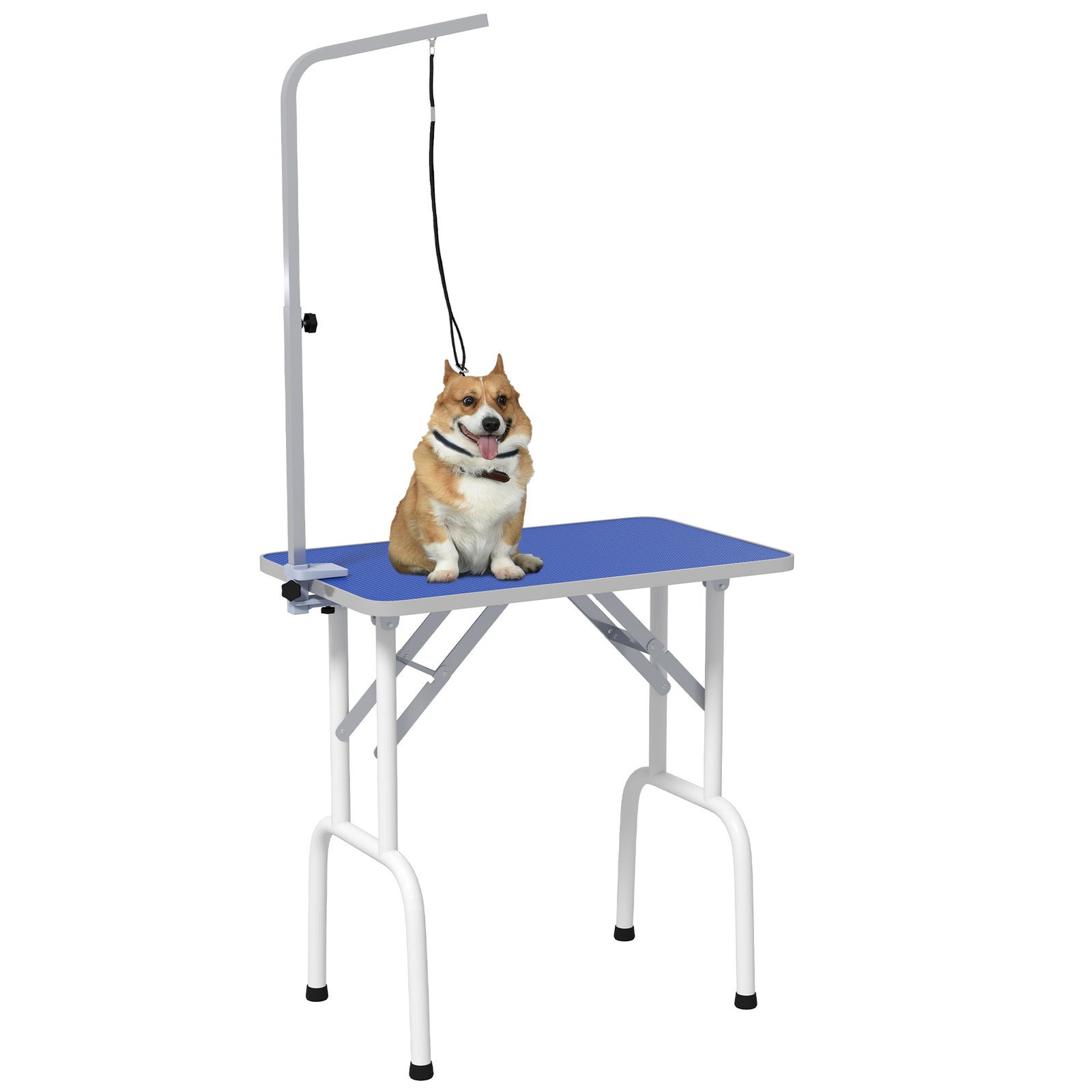 32" Foldable Dog Grooming Table Pet Drying Beauty Table Adjustable Fixed Arm Rubber Top, Blue
