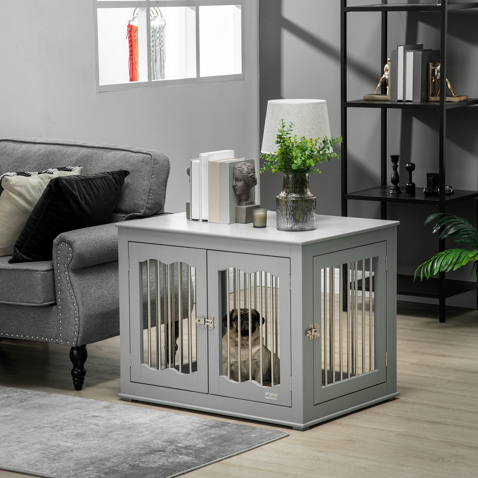 Dog Crate End Table Furniture Style Dog Cage w/ Three Doors, Locks and Latches - Grey