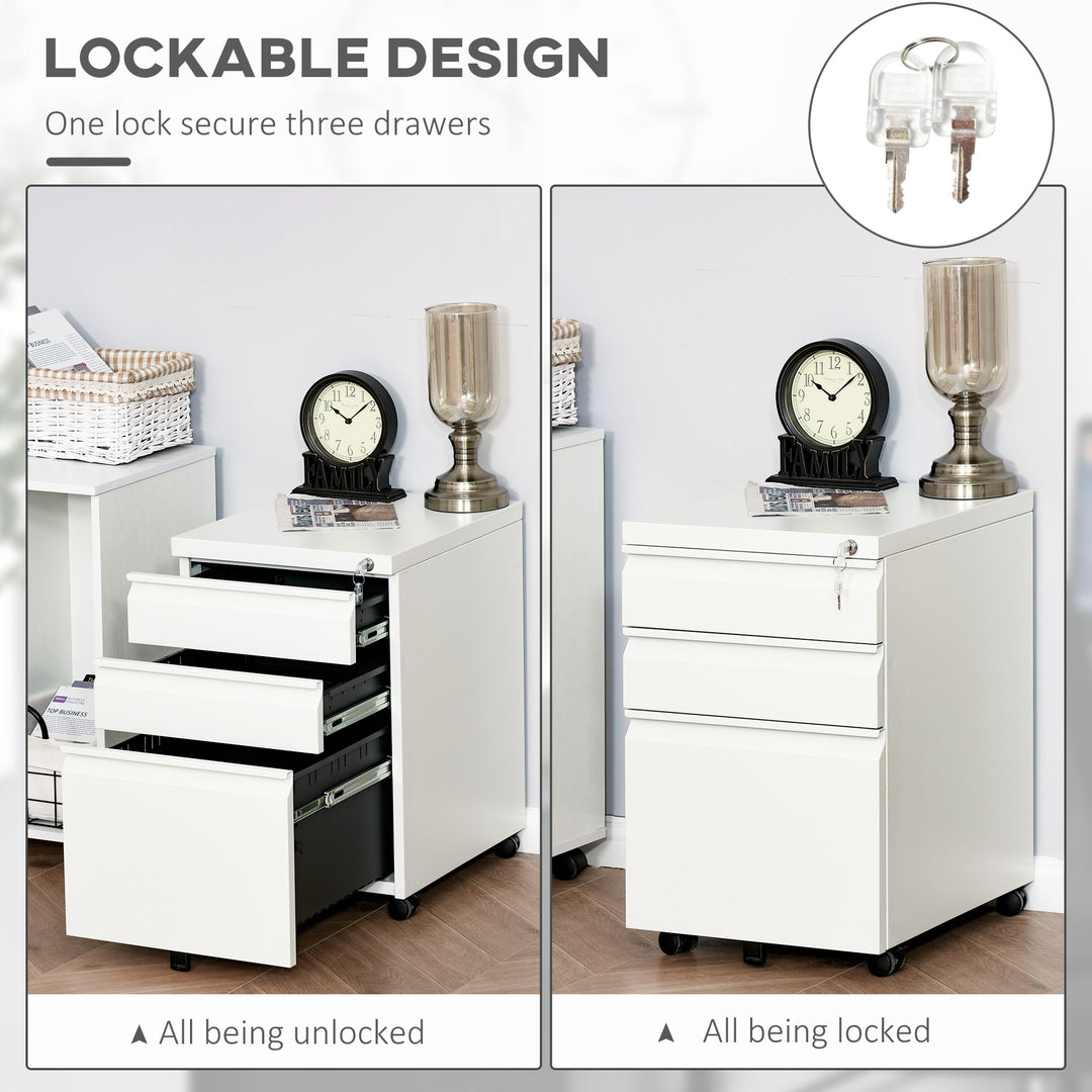 3 Drawer Filling Cabinet, Mobile Metal File Cabinet with Anti-tilt Design for Letter, A4, Legal Size, White