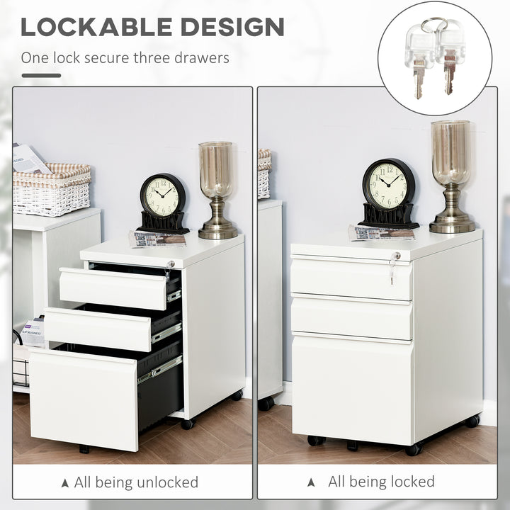 3 Drawer Filling Cabinet, Mobile Metal File Cabinet with Anti-tilt Design for Letter, A4, Legal Size, White