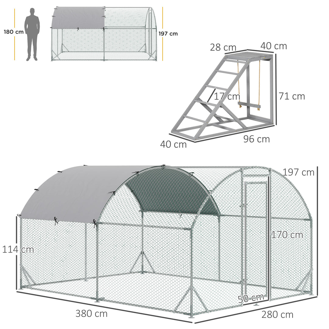 Walk In Chicken Run with Chicken Activity Shelf and Cover, 2.8 x 3.8 x 2m