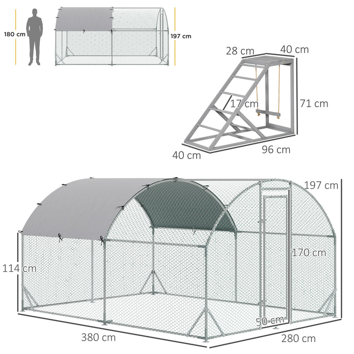 Walk In Chicken Run with Chicken Activity Shelf and Cover, 2.8 x 3.8 x 2m