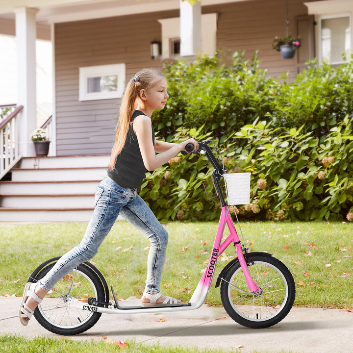 Kids Scooter, Kick Stunt Scooter with Adjustable Handlebar, Dual Brakes, Basket, Cupholder, Mudguard, 16" Inflatable Rubber Wheels, for 5-12 years, Pink
