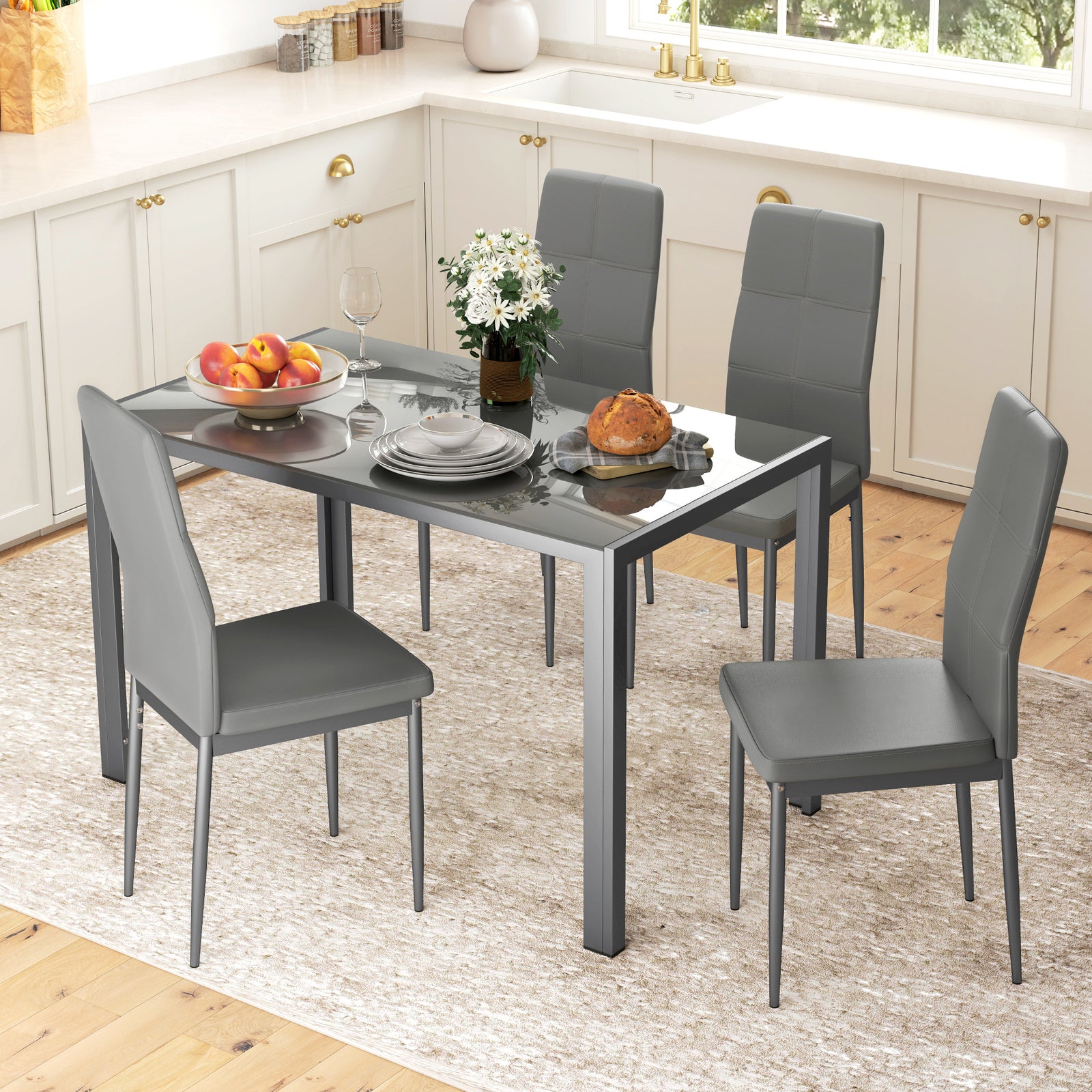 5-Piece Kitchen Dining Table Set with 4 Faux Leather Metal Frame Chairs Glass Tabletop Desk for Dining Room, Kitchen, Dinette, Grey