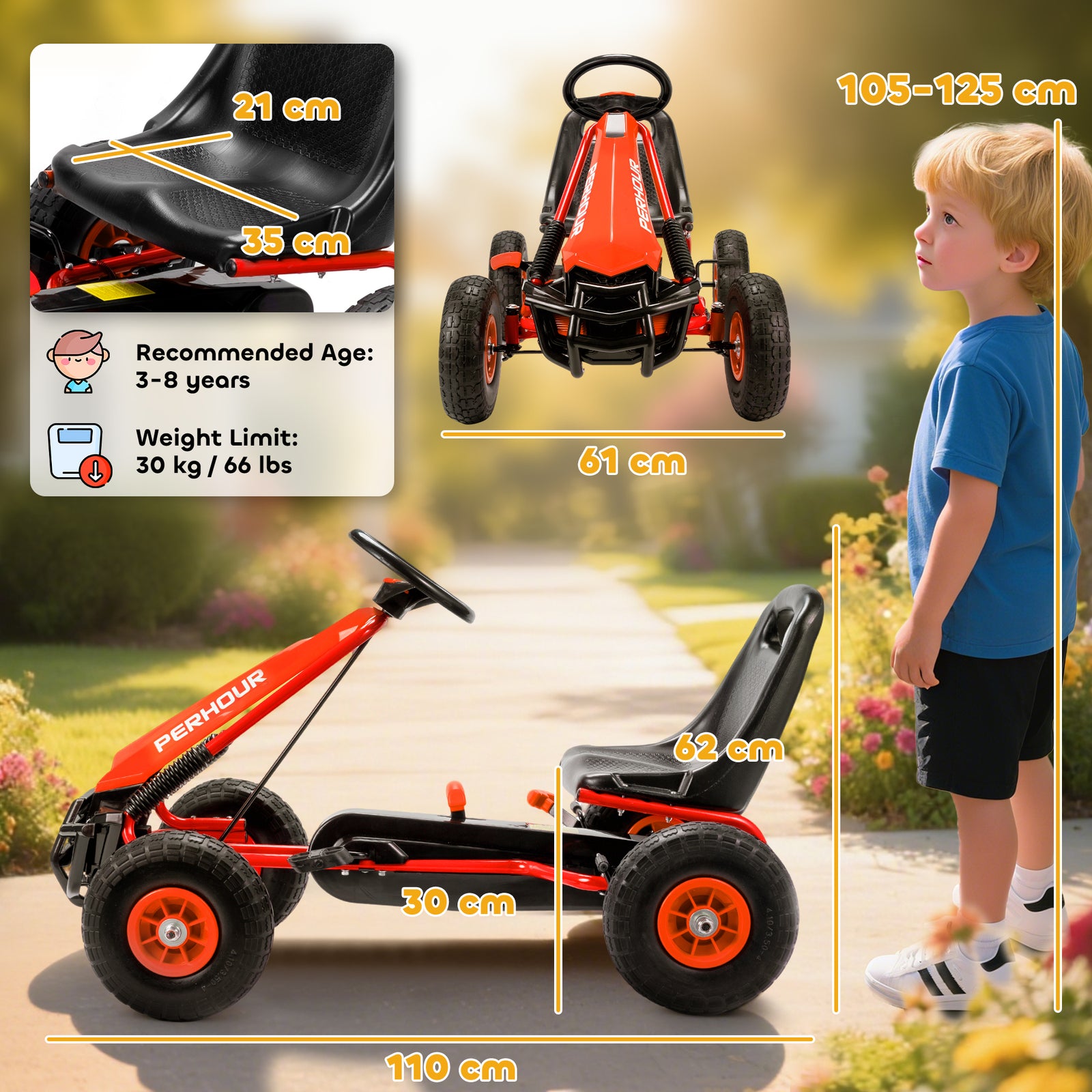 Kids Pedal Go Kart with Adjustable Seat, EVA Tyres, Manual Clutch, Bra