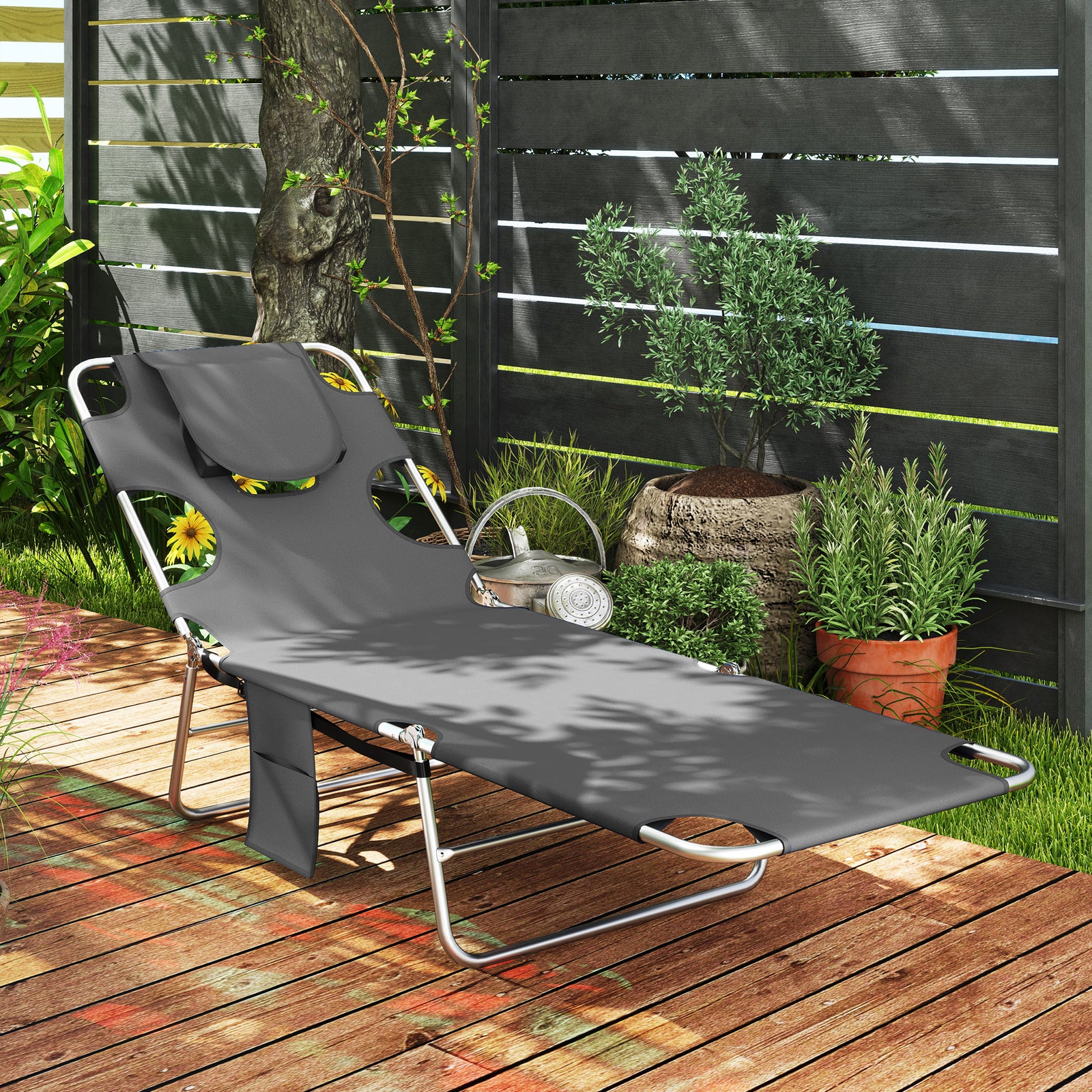 Foldable Sun Lounger Set of 2, Beach Chaise Lounge with Reading Hole, Arm Slots, 5-Position Adjustable Backrest, Side Pocket, Pillow for Garden, Beach, Pool, Dark Grey