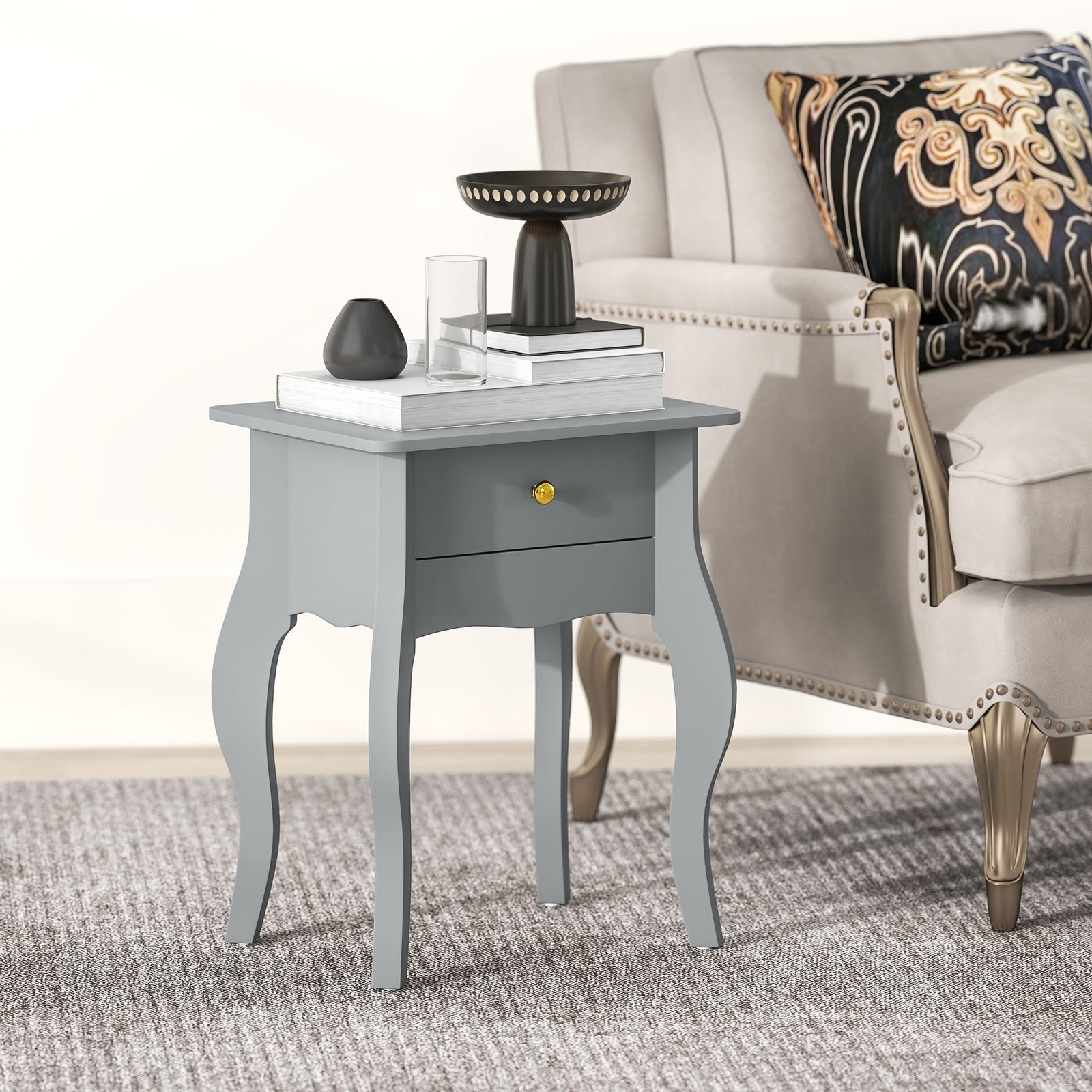 French Style Side Table with Drawer - Grey
