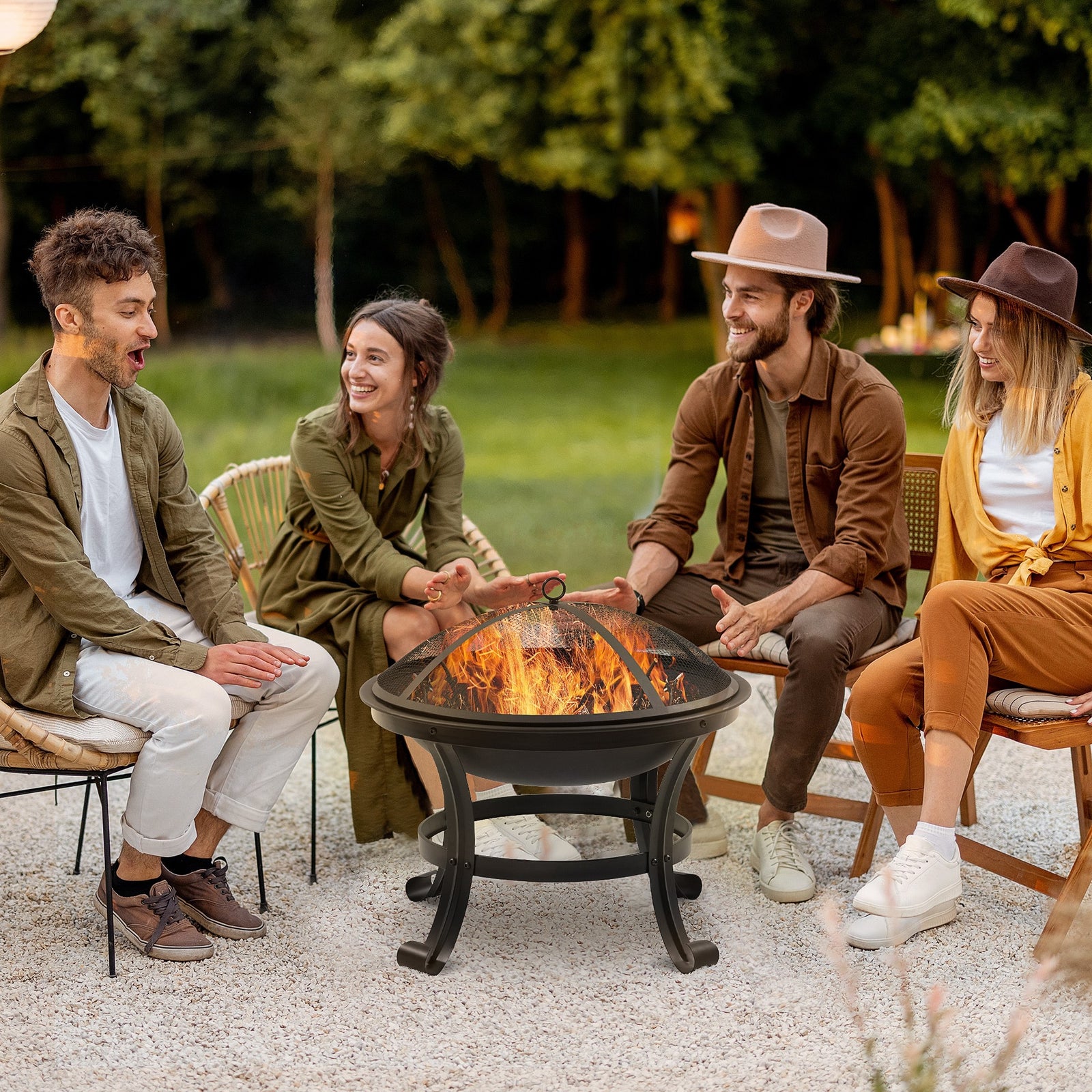 Outdoor Fire Pit, Firepit with Mesh Lid, Poker, for Camping, Bonfire, 