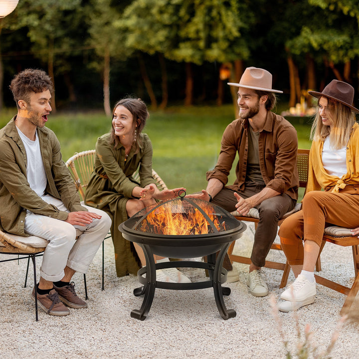 Outdoor Fire Pit, Firepit with Mesh Lid, Poker, for Camping, Bonfire, 