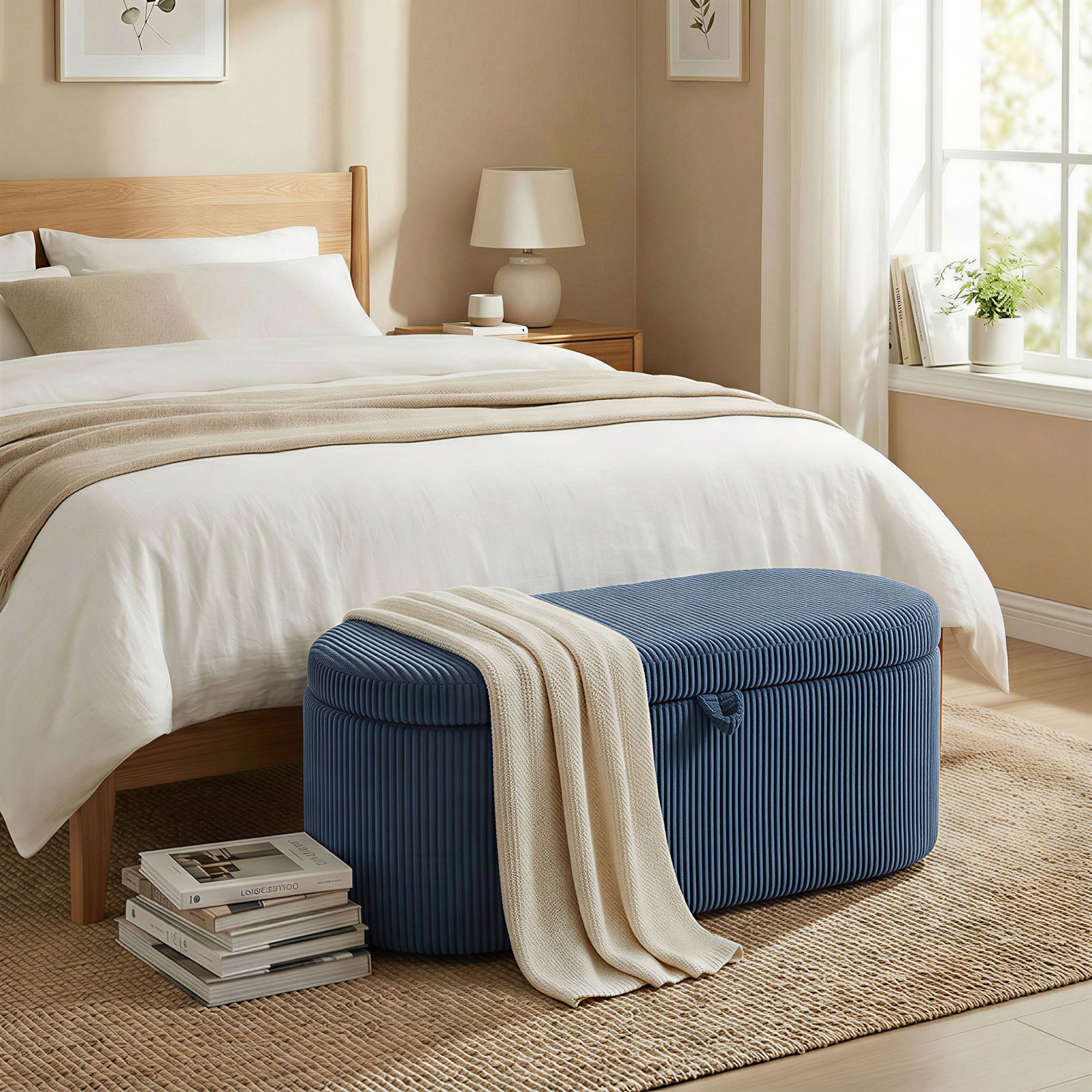 Storage Ottoman, Corduroy Upholstered Ottoman Storage Box with Padded 
