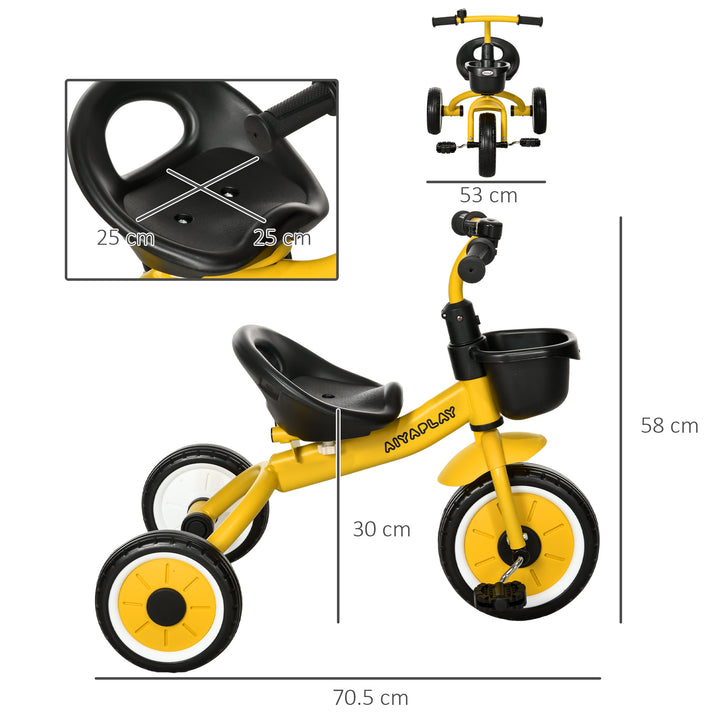 AIYAPLAY Toddler Trike: Adjustable Seat, Storage Basket & Bell, Durable Tricycle for 2-5 Years, Sunny Yellow | Aosom UK