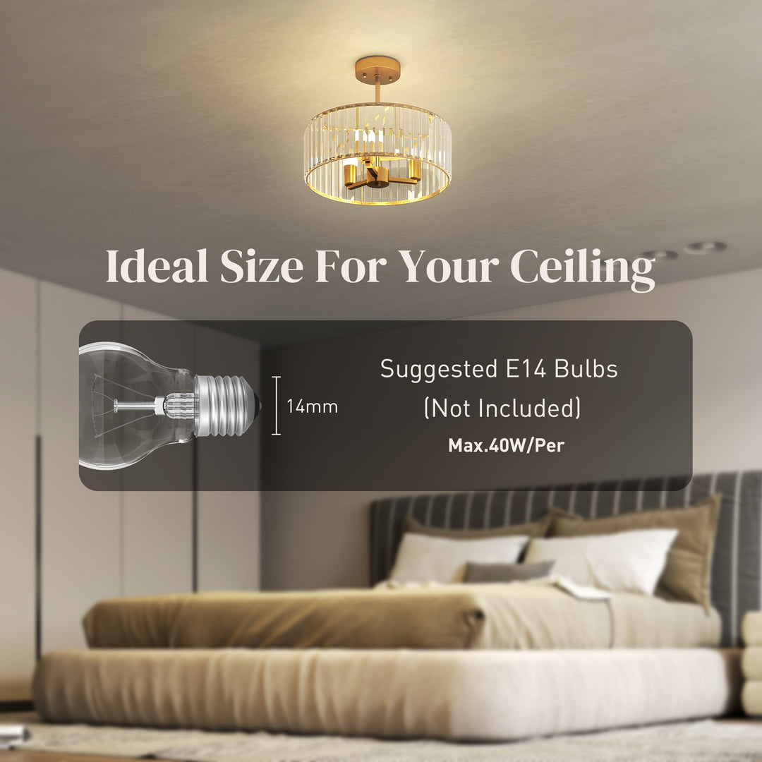 Crystal Ceiling Light Fixture, Semi Flush Mount Modern Crystal Chandelier Ceiling Light for Living Room, Bedroom, Hallway, Dining Room, E14 Base 3-Lights, Gold Tone