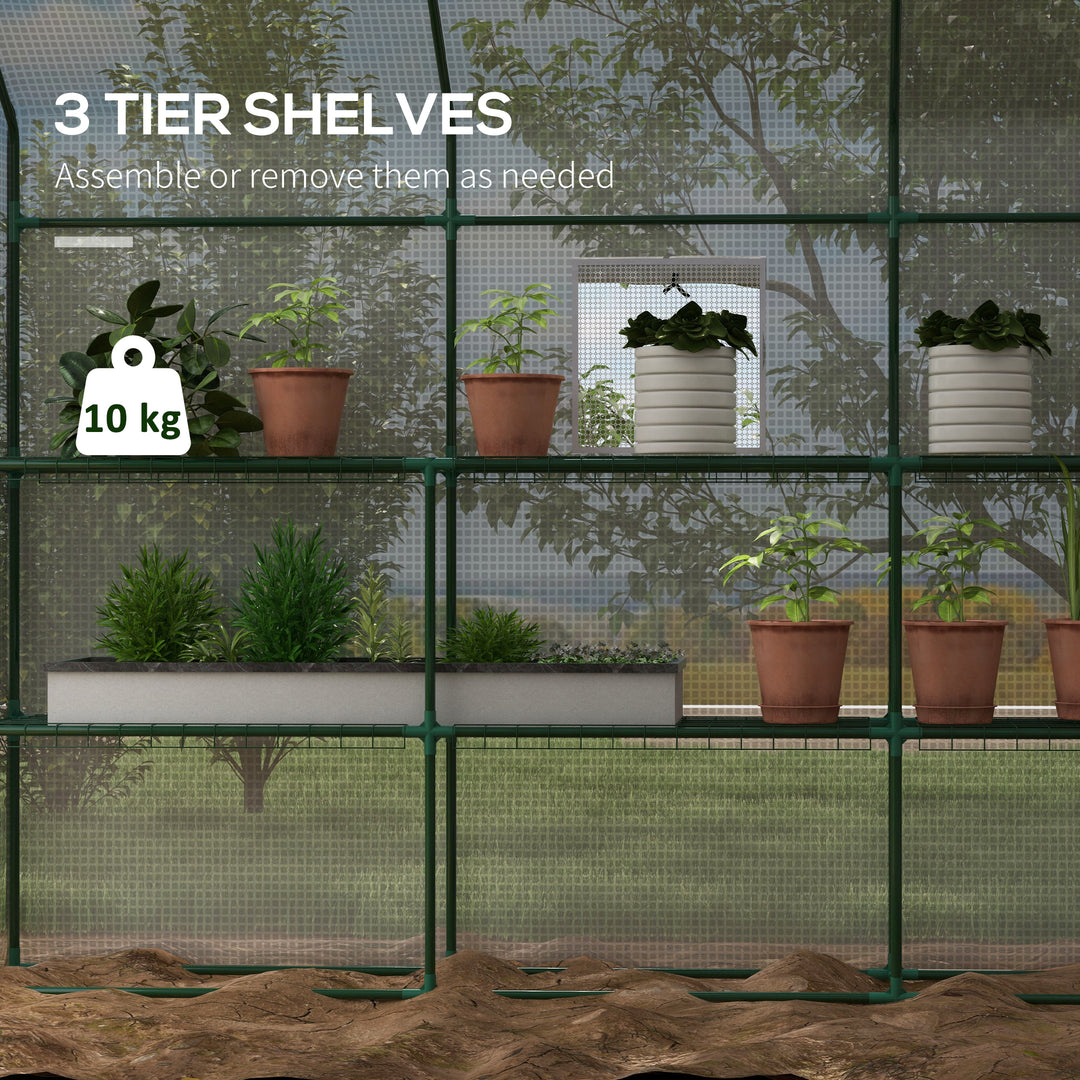 Walk-in Greenhouse with 3 Tier 12 Shelves, Small Greenhouse with Reinforced PE Cover, Garden Plant Growhouse with Roll-up Door and Three Mesh Windows, 140 x 213 x 190 cm, White