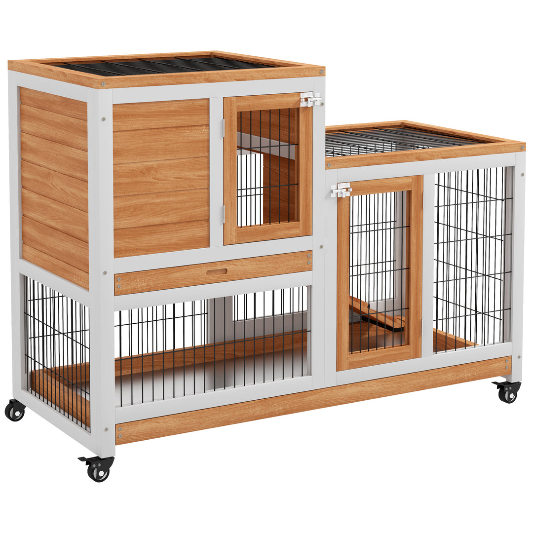 Wooden Indoor Hutch Elevated Cage w/ Wheel, Run, Yellow