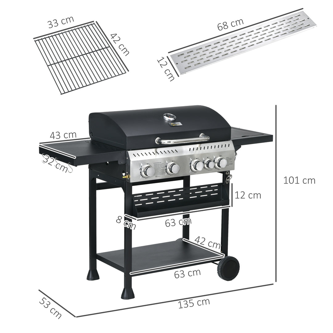 Five-Burner Steel Gas Grill, with Thermometer - Black