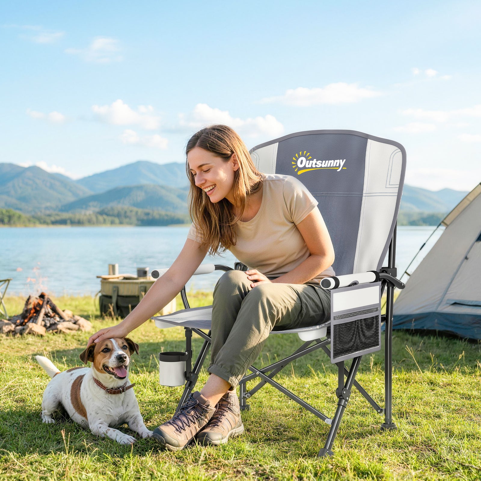 Padded Camping Chair Adults Heavy Duty Folding Chair Side Pocket Cup H