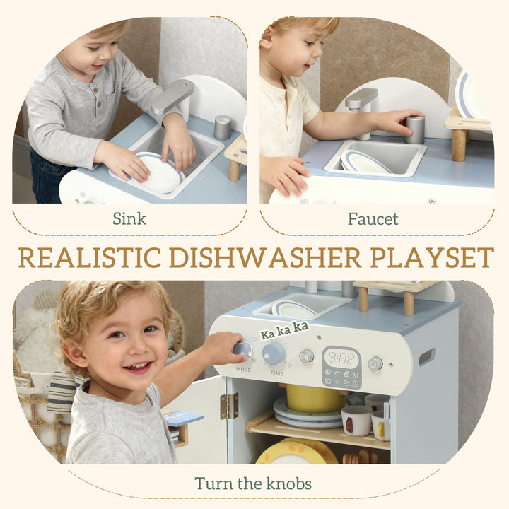 MCL Wooden Dishwasher Playset, Kitchen Sink Toys with Faucet, Sink and Accessories, Gift for Boys Girls Toddlers