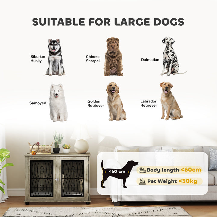 Indoor Dog Crate Furniture End Table with Soft Washable Cushion, Lockable Front Door, for Large Dogs - Grey