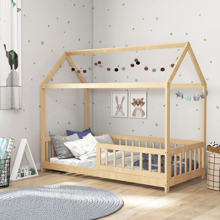 House-Shaped Kids Bed Frame with Guard Rails, Solid Pine Wood Single Bed Frame for Kids Boys and Girls