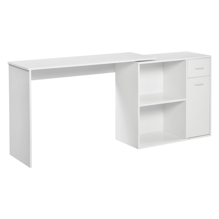 MCL L-Shaped Desk, Corner Computer Desk, Adjustable Study Table with Storage Shelf, Drawer and Cabinet, Workstation for Home Office, White Wood Grain