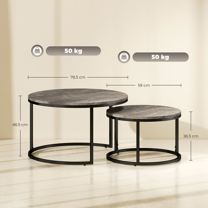 Industrial Nesting Coffee Table Set of 2, Round Coffee Tables, Living Room Table with Faux Marbled Top and Steel Frame