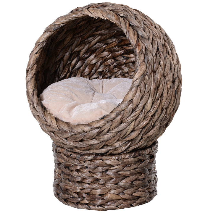 PawHut Wicker Cat Bed, Raised Rattan Cat Basket with Cylindrical Base, Soft Washable Cushion, 42 x 33 x 52cm - Brown | Aosom UK