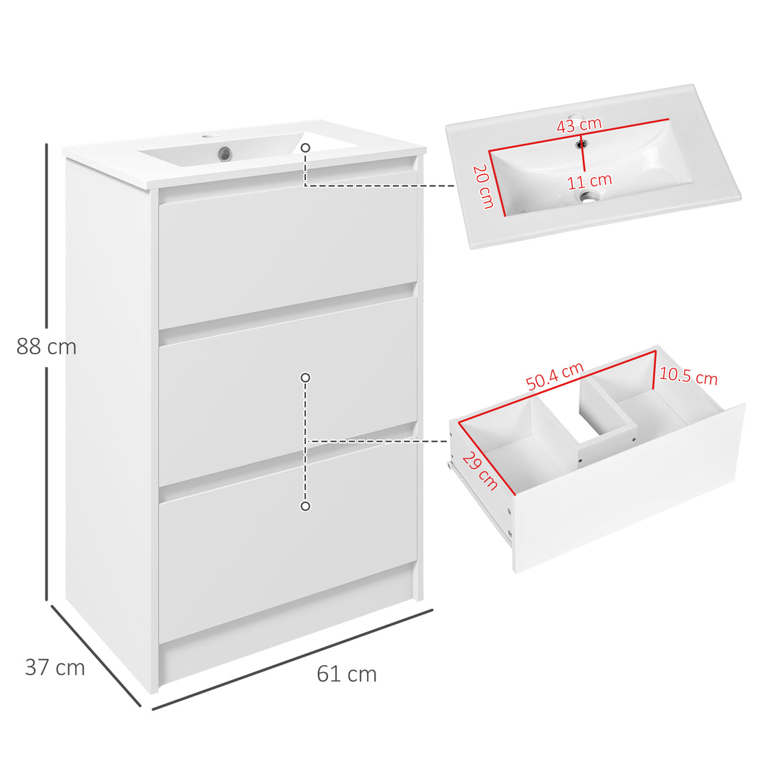 kleankin Floor Standing Vanity Unit: 600mm Bathroom Sink Cabinet with Basin, Single Tap Hole, High Gloss, 2 Drawers - White | Aosom UK